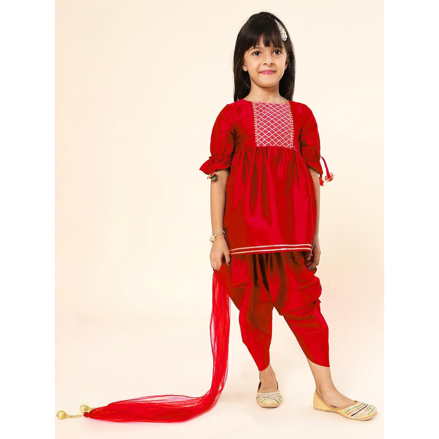 A.T.U.N. (All Things Uber Nice) Girls Pleated Gotta Patti Kurti With Dhoti Pants & Dupatta