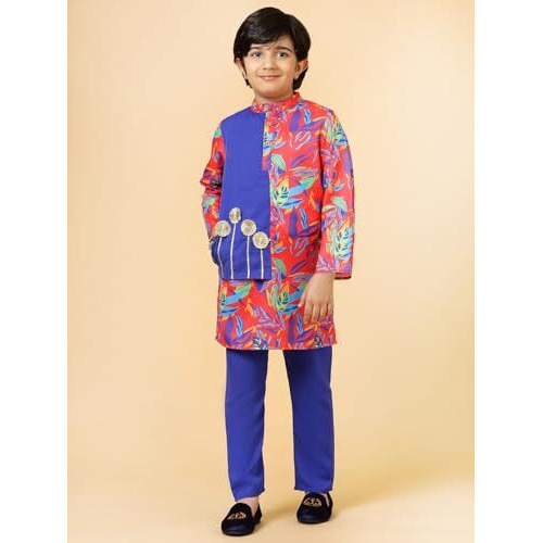 A.T.U.N. (All Things Uber Nice) Red Blue Printed Kurta Pyjama Set For Boys