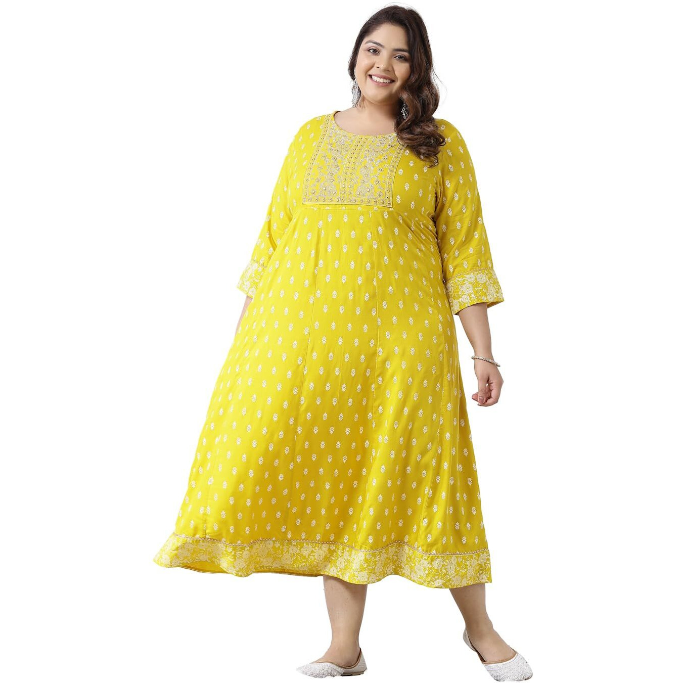Stylum Plus Size Women Printed & Embroidered Rayon Anarkali Kurta (Mustrddionplus50_Mustard, 5Xl)