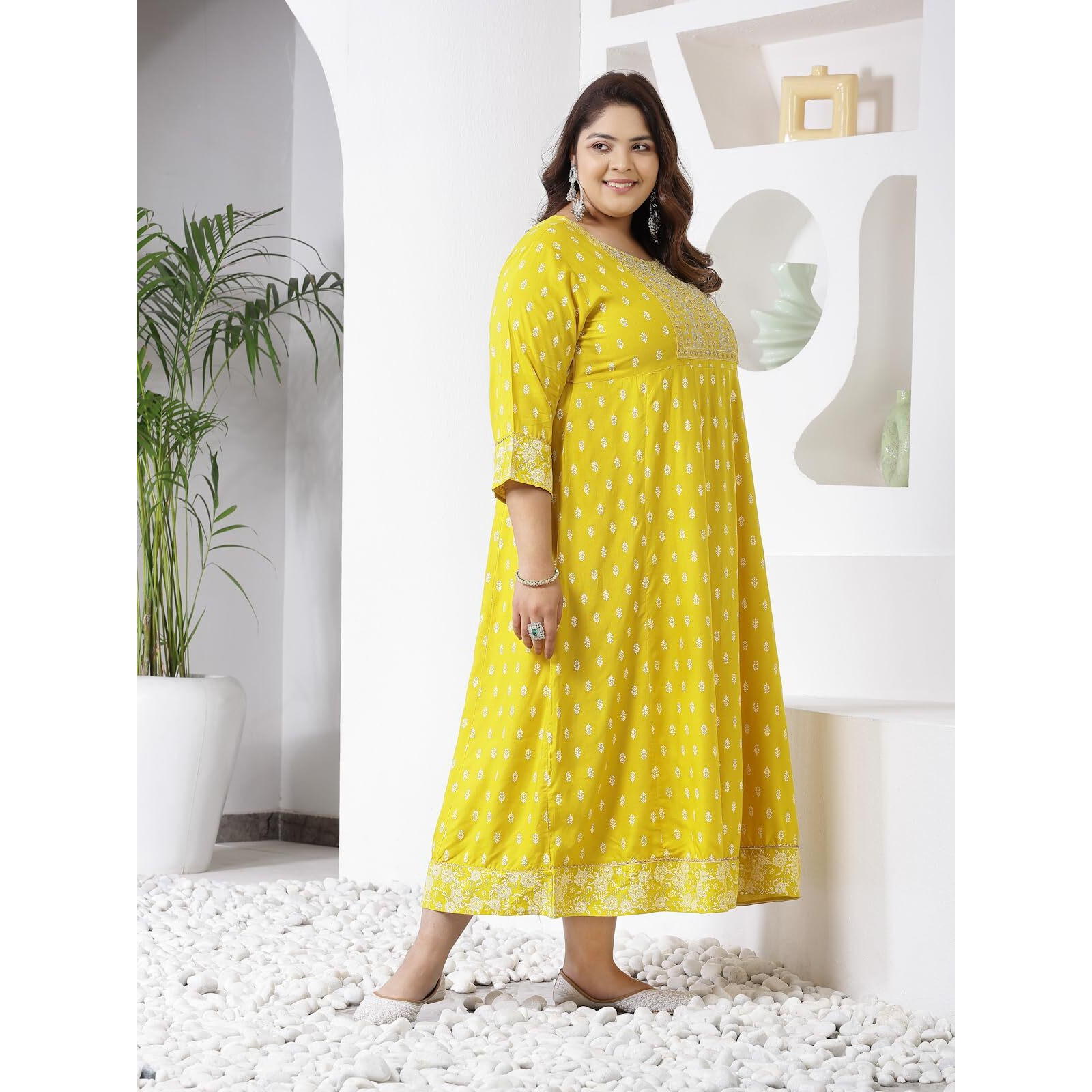 Stylum Plus Size Women Printed & Embroidered Rayon Anarkali Kurta (Mustrddionplus50_Mustard, 5Xl)
