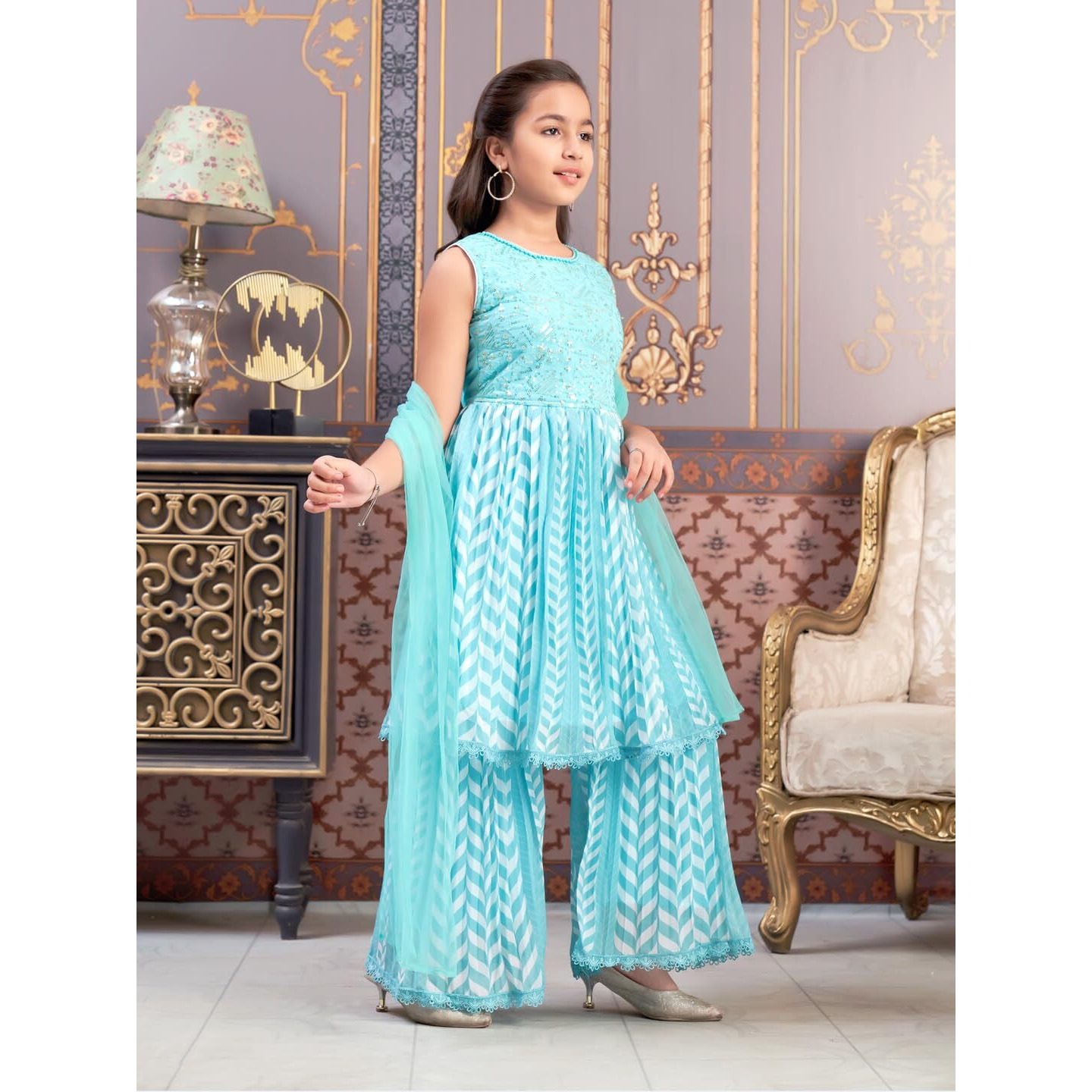 Aarika Girls Ethnic Wear Sea Green Colour Beads Sequins Embroidery Georgette Kurti Sharara Set (5-16 Years)