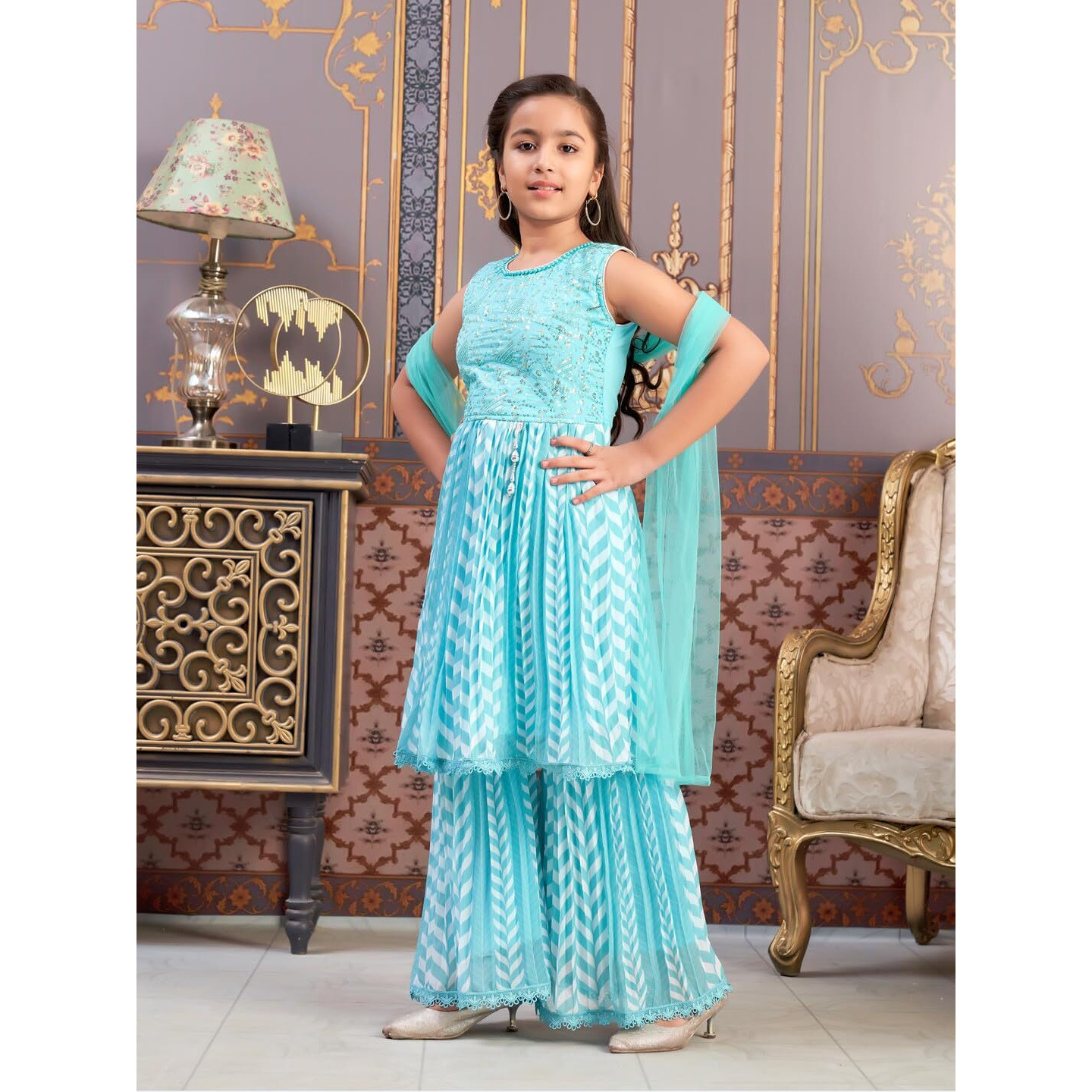 Aarika Girls Ethnic Wear Sea Green Colour Beads Sequins Embroidery Georgette Kurti Sharara Set (5-16 Years)