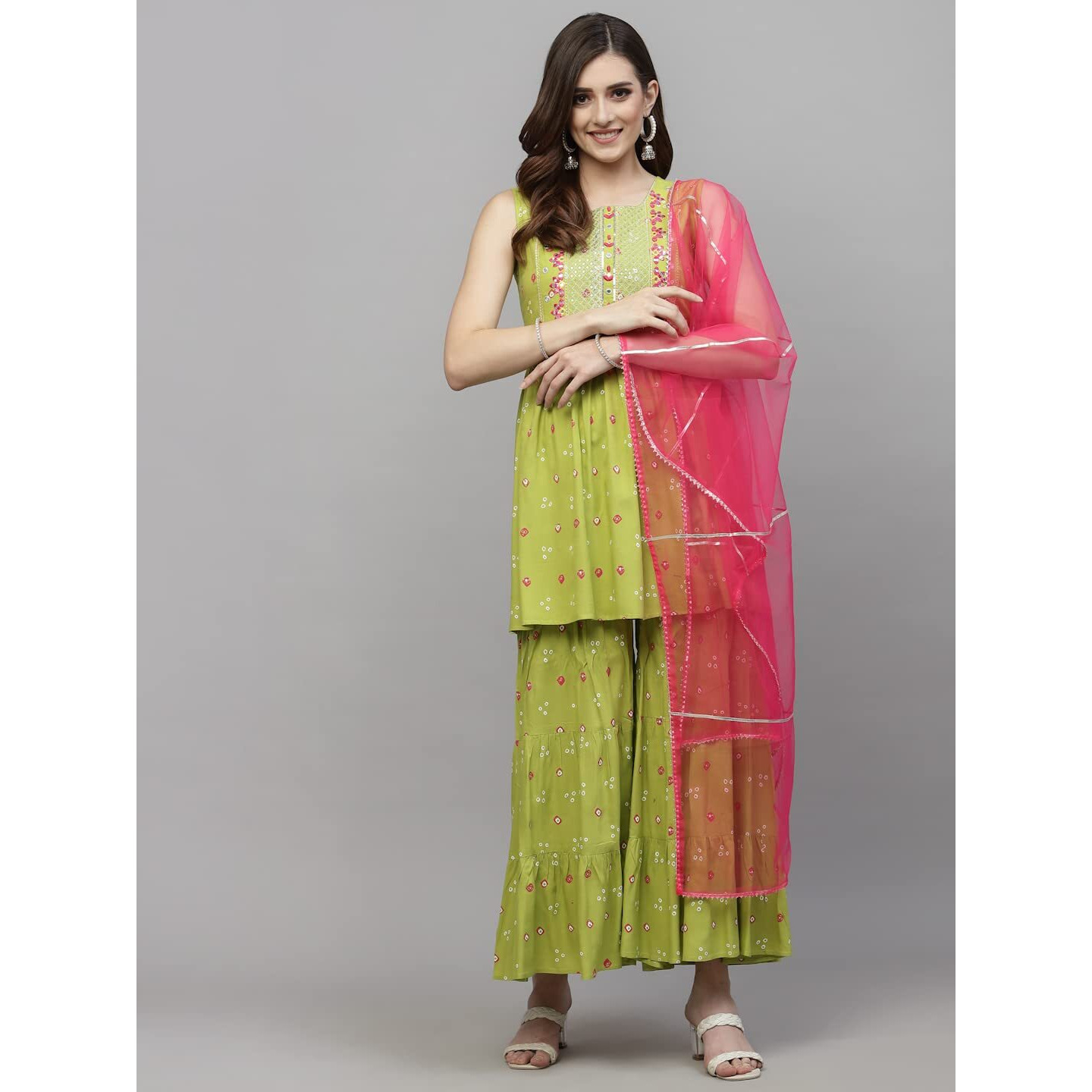 Stylum Women's Bandhej Printed & Embroidered Rayon Kurti Sharara Dupatta Set (Ksdhexagreen40_Green, L)