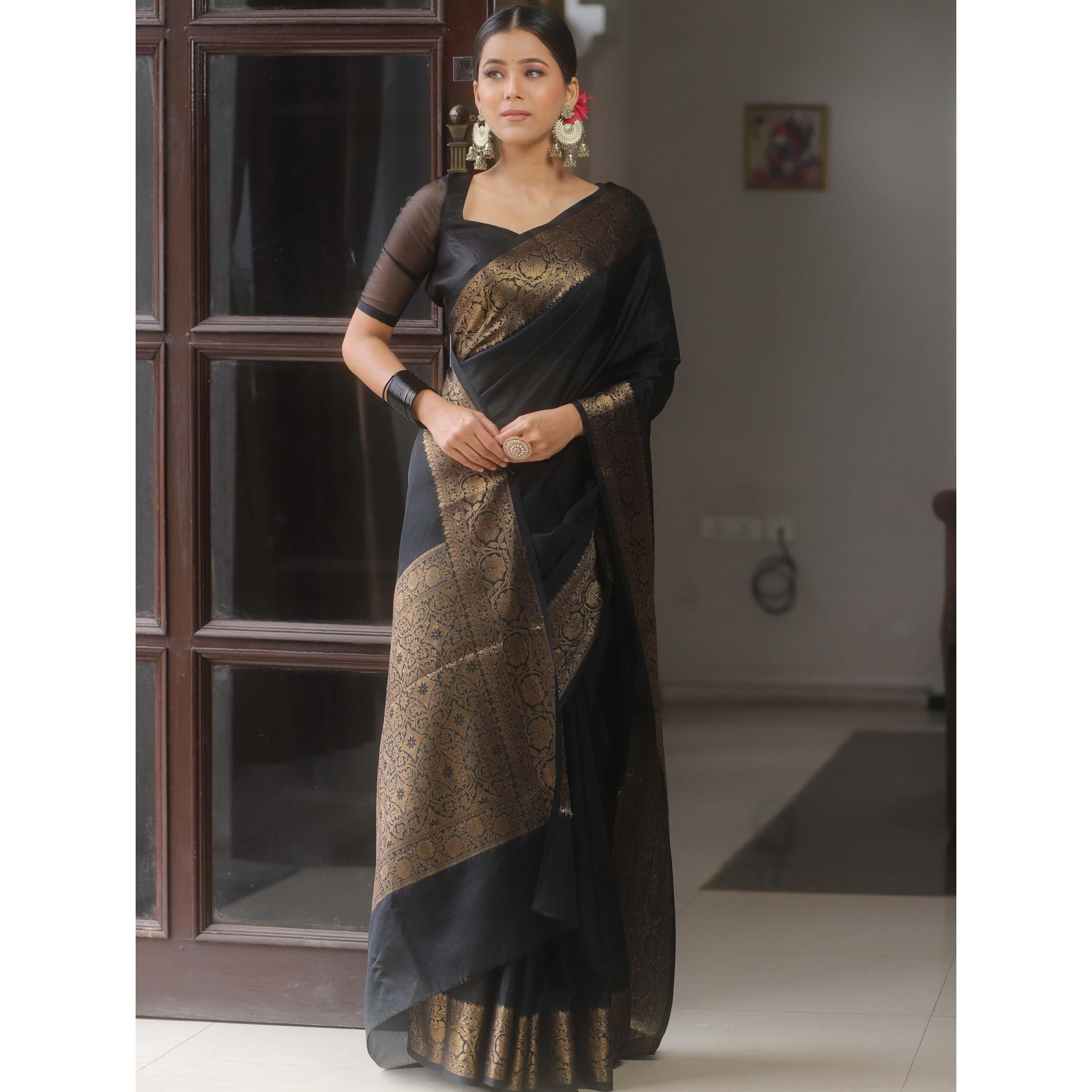 Sugathari Women's Banarasi Saree Pure Kanjivaram Silk Saree Soft New Ladies 2025 Design Wear Pattu Sarees Latest Sadi Party Sari Collections With Blouse Piece (San Pari-225-Black)