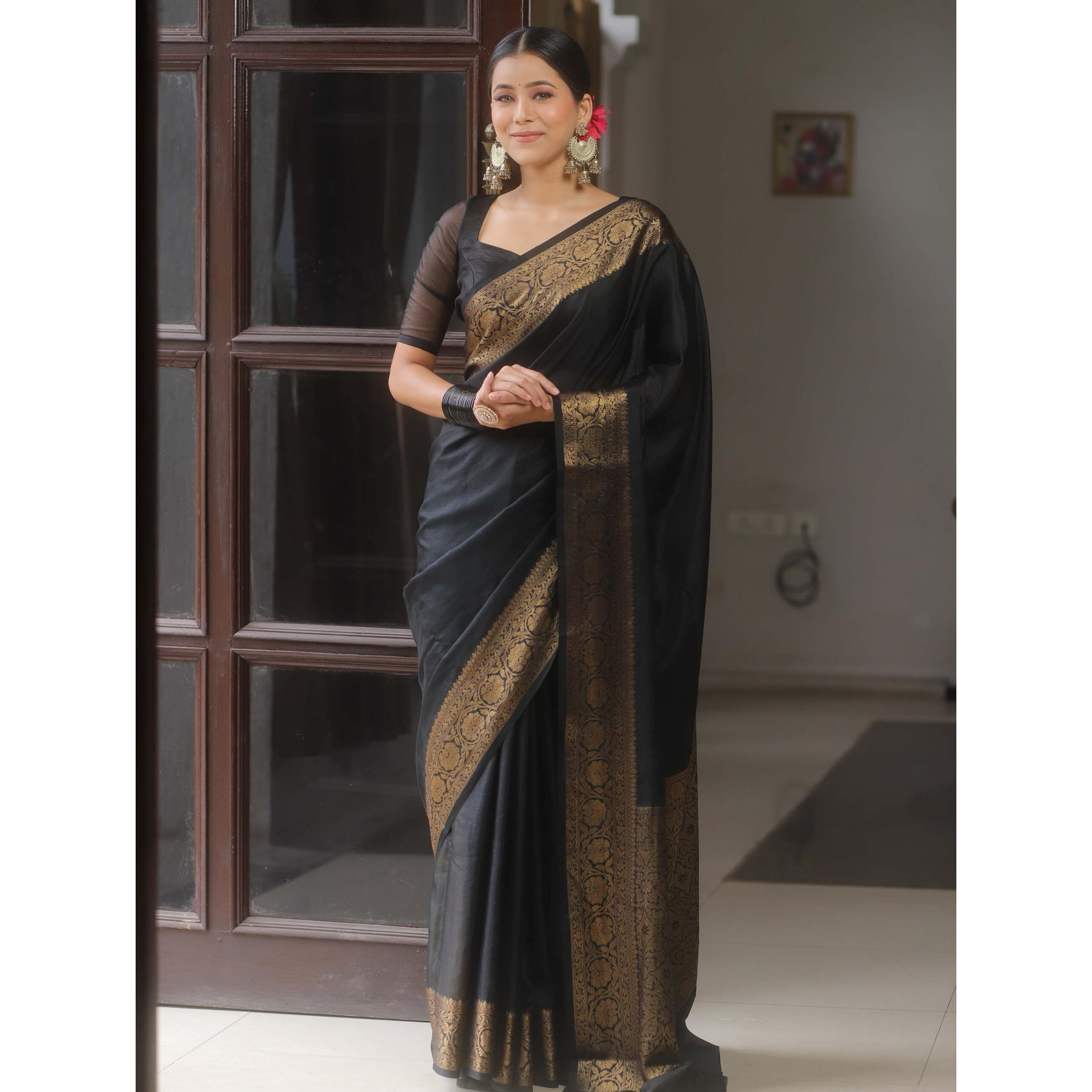 Sugathari Women's Banarasi Saree Pure Kanjivaram Silk Saree Soft New Ladies 2025 Design Wear Pattu Sarees Latest Sadi Party Sari Collections With Blouse Piece (San Pari-225-Black)