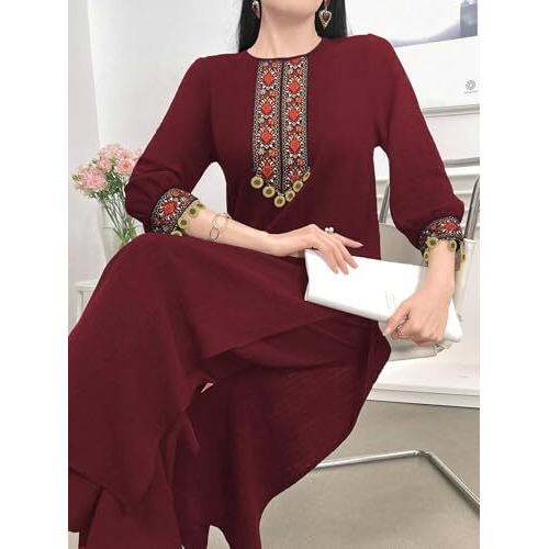 Tadkee Women's Vintage Patchwork With Pendant Decor Lace | 3/4 Sleeve | Kurta Set For Women (Fn-Pop-Lace-Kurta-Set-122-Maroon-L)