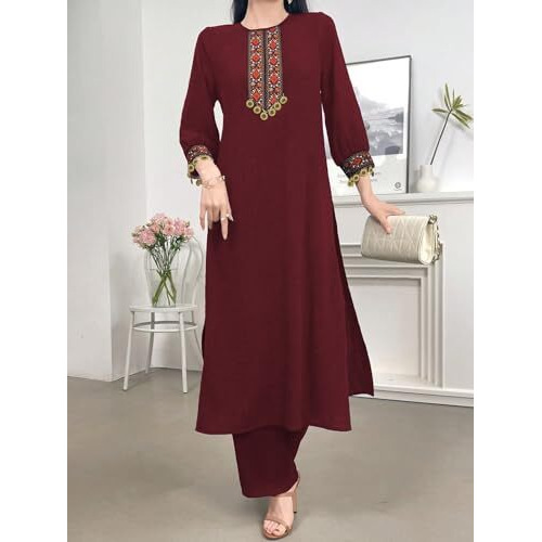 Tadkee Women's Vintage Patchwork With Pendant Decor Lace | 3/4 Sleeve | Kurta Set For Women (Fn-Pop-Lace-Kurta-Set-122-Maroon-L)
