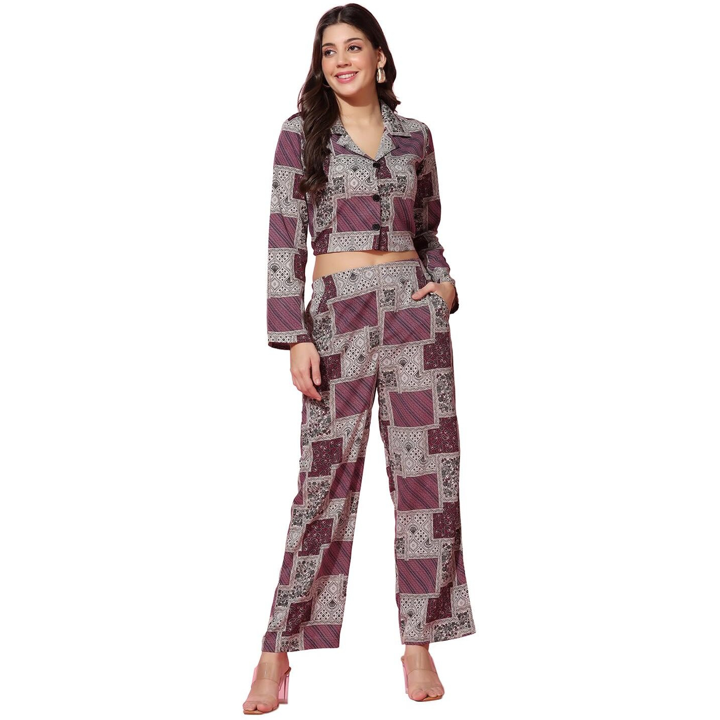 Tagdo Women's Co-Ords Printed Dress Set (Shirt-Pair-5149-Wine-Xl)