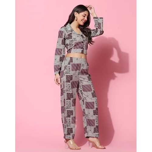 Tagdo Women's Co-Ords Printed Dress Set (Shirt-Pair-5149-Wine-Xl)