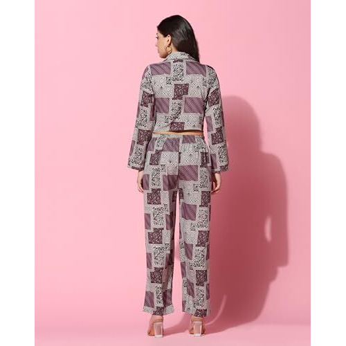 Tagdo Women's Co-Ords Printed Dress Set (Shirt-Pair-5149-Wine-Xl)