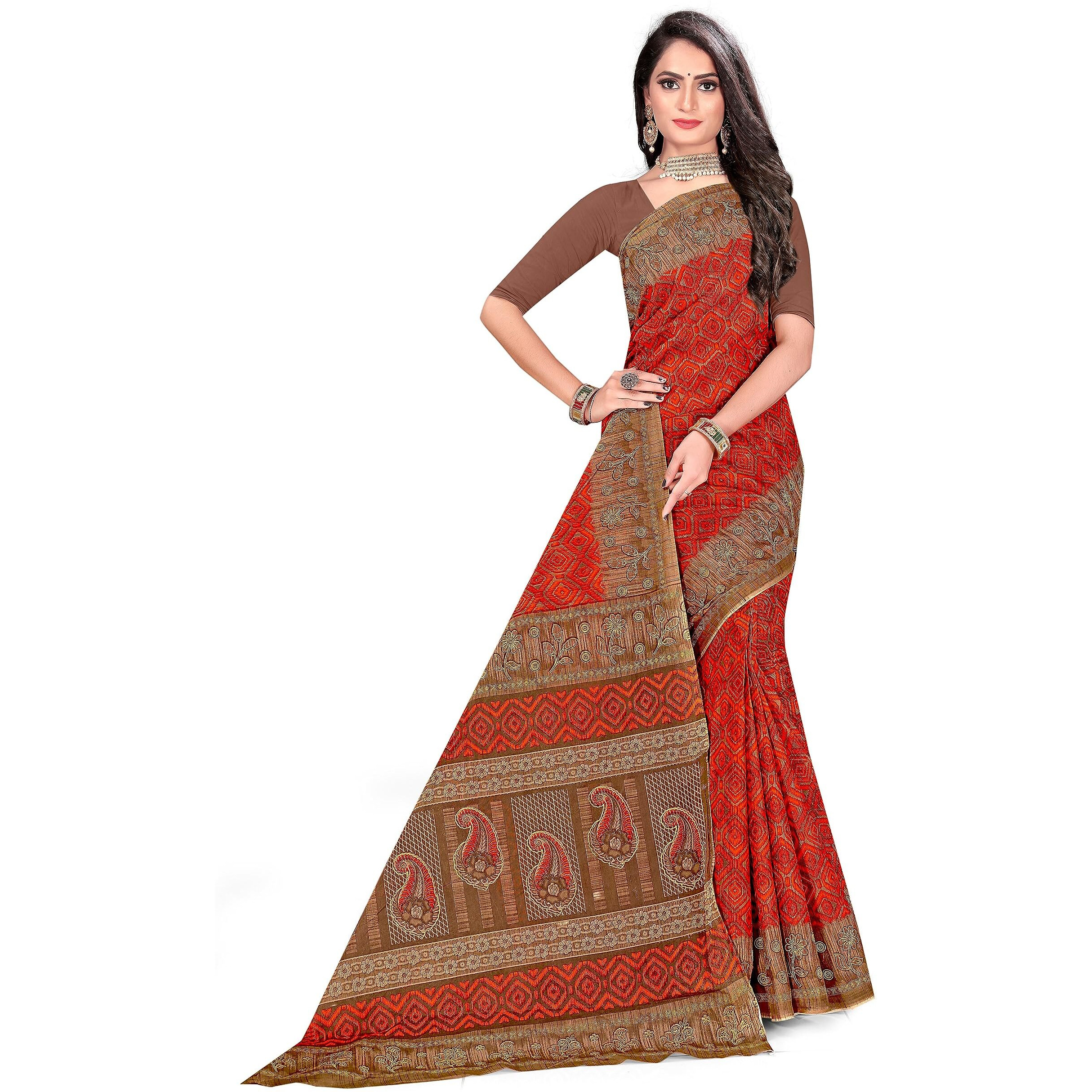 Tamaira Fashion Women's Plain Weave Pure Cotton Saree Without Blouse Piece(11088_Orange)