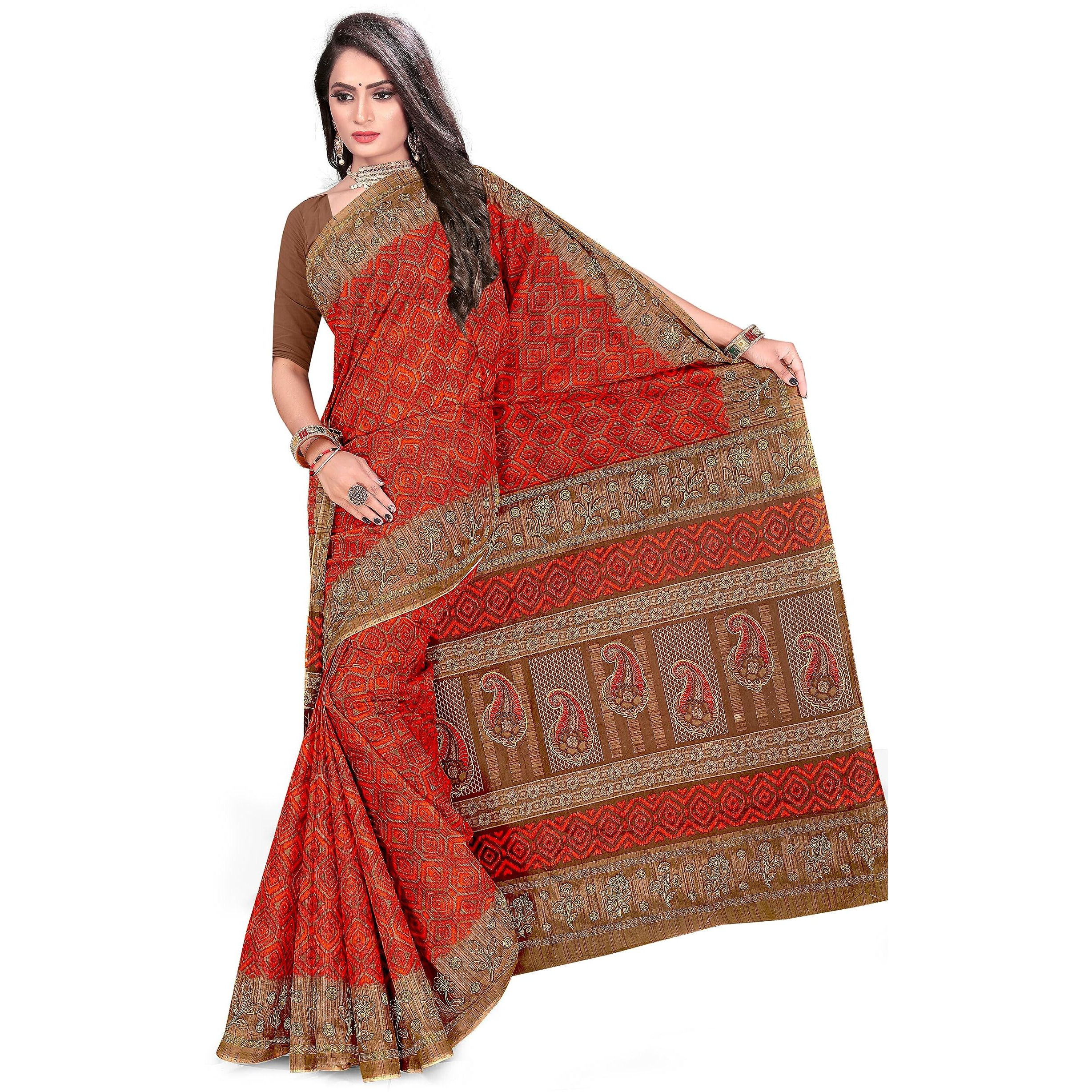 Tamaira Fashion Women's Plain Weave Pure Cotton Saree Without Blouse Piece(11088_Orange)