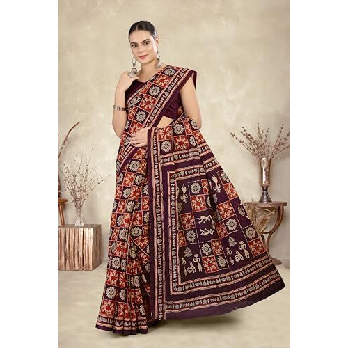 Tamaira Fashion Women's Warli Batik Printed Pure Cotton Mulmul Saree Without Blouse Piece(2486_Rustorange&Darkchocolate)