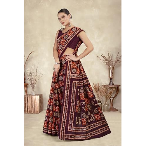 Tamaira Fashion Women's Warli Batik Printed Pure Cotton Mulmul Saree Without Blouse Piece(2486_Rustorange&Darkchocolate)