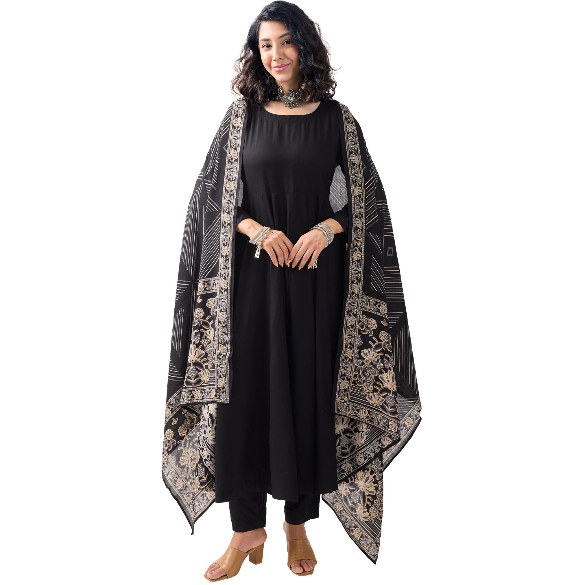 Toochki Women's Rayon Regular Kurta With Pant & Dupatta (Toochki279-Kr/M_Black