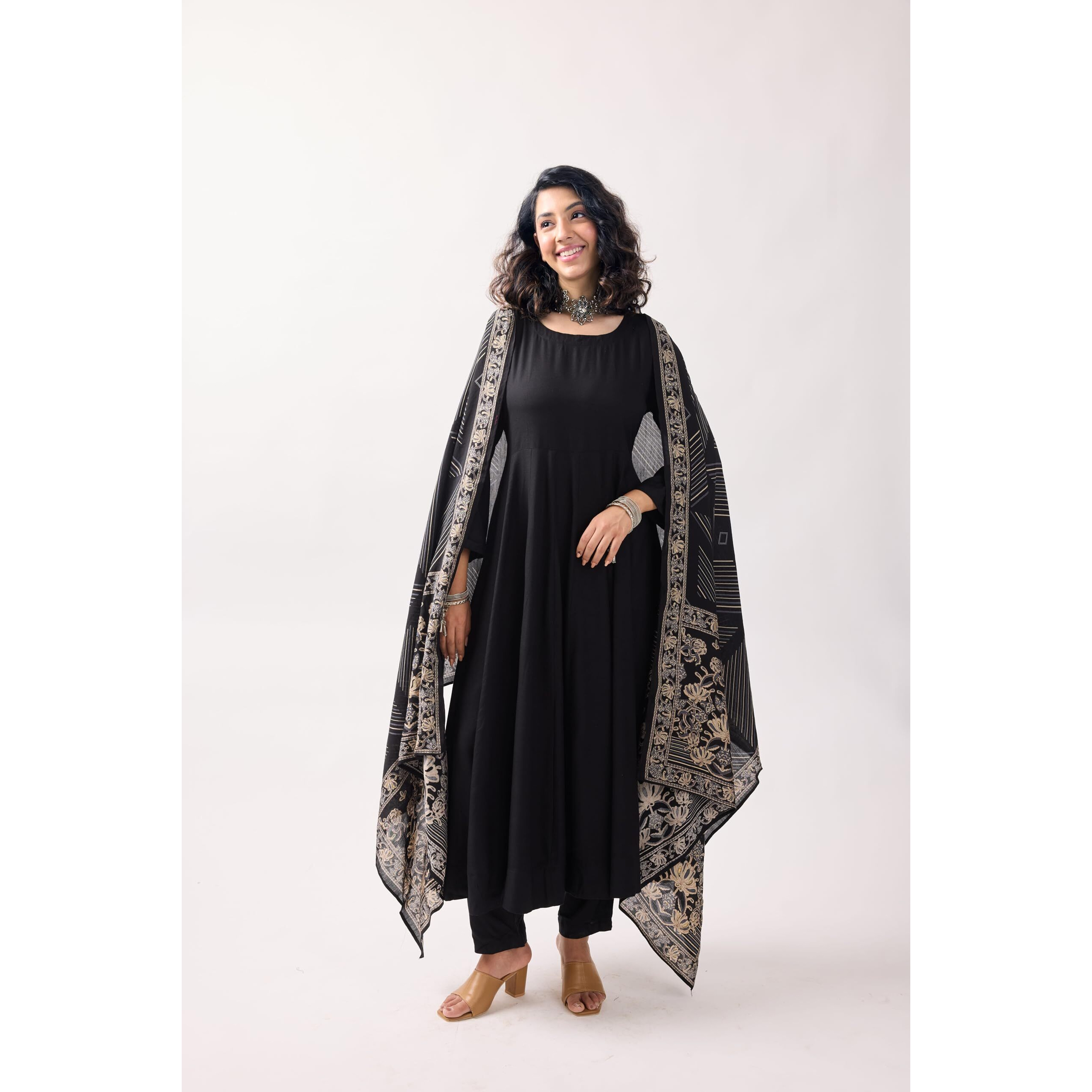 Toochki Women's Rayon Regular Kurta With Pant & Dupatta (Toochki279-Kr/M_Black
