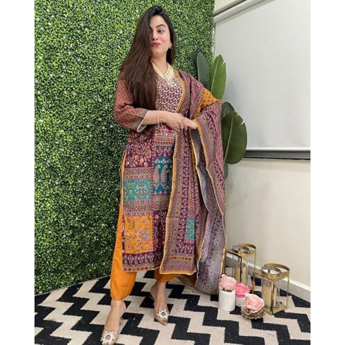 Anni Designer Women's Rayon Viscose Straight Printed Kurta With Pant & Dupatta (Sula Mustard-Vks01_Xxl_Mustard_Xx-Large)