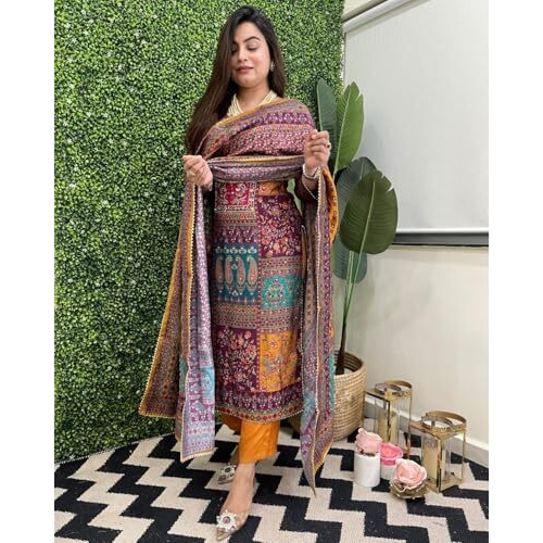 Anni Designer Women's Rayon Viscose Straight Printed Kurta With Pant & Dupatta (Sula Mustard-Vks01_Xxl_Mustard_Xx-Large)