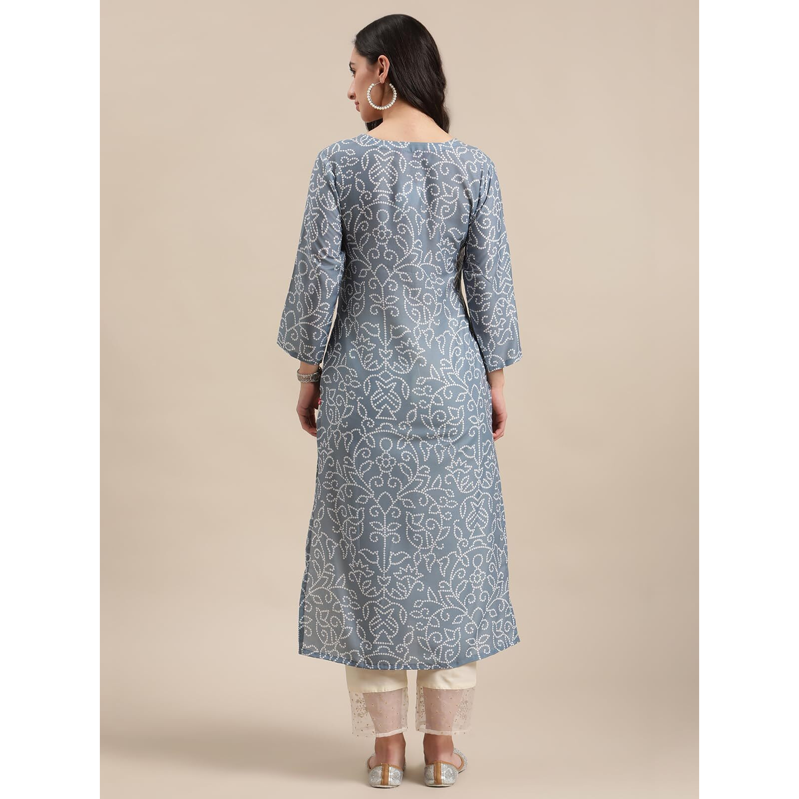 Varanga Bandhej Gota Patti Embroidery Straight Kurta With Dori Tassel Embellishment In Light Grey Color (Extra Large)