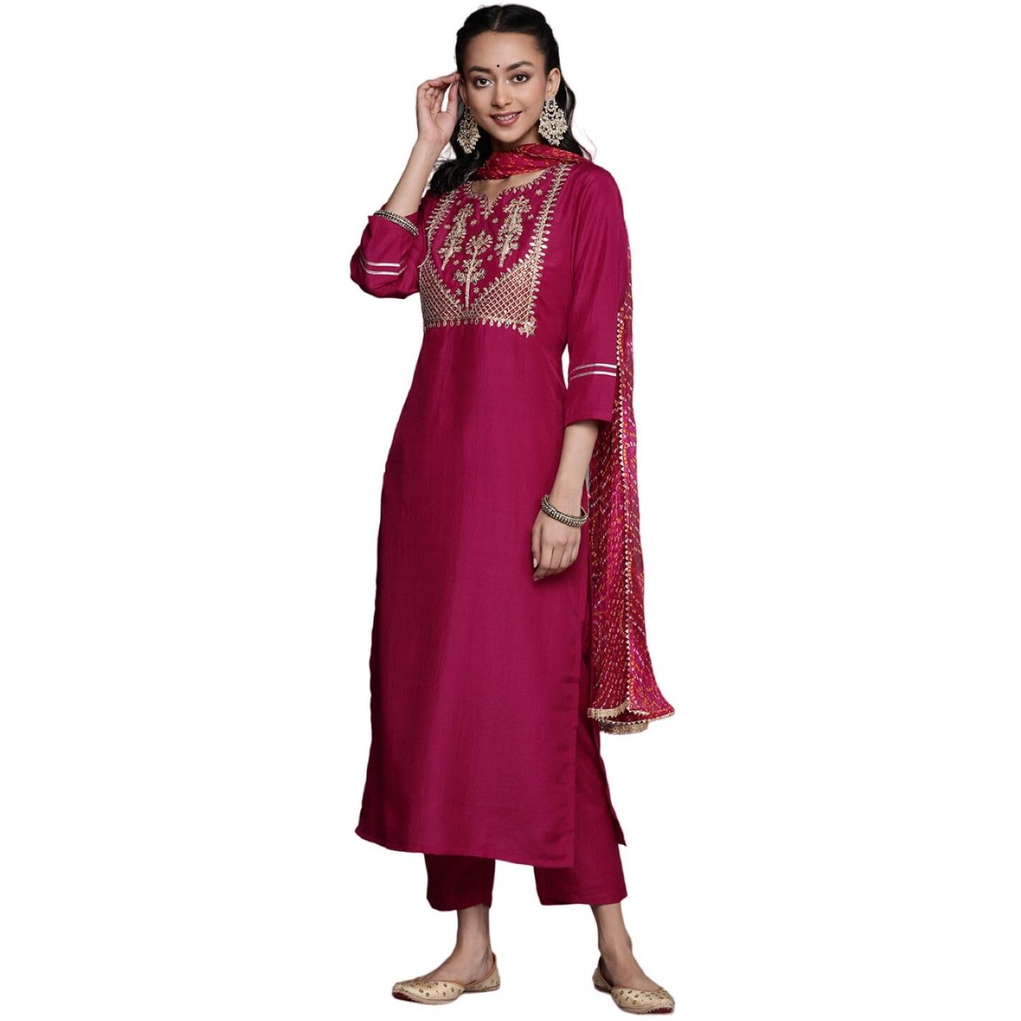 Varanga Women Magenta Sequinn Straight Kurta With Solid Trouser And Dupatta Set