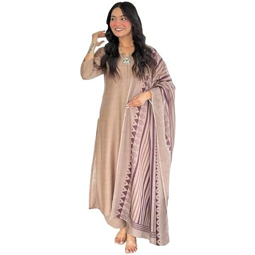 Anni Designer Women's Rayon Viscose Straight Solid Kurta With Pant & Dupatta (Tarnish Chiku-Vks01_Xl_Beige_X-Large)