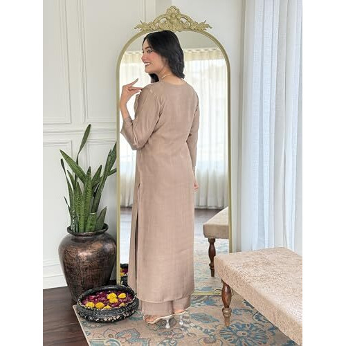 Anni Designer Women's Rayon Viscose Straight Solid Kurta With Pant & Dupatta (Tarnish Chiku-Vks01_Xl_Beige_X-Large)