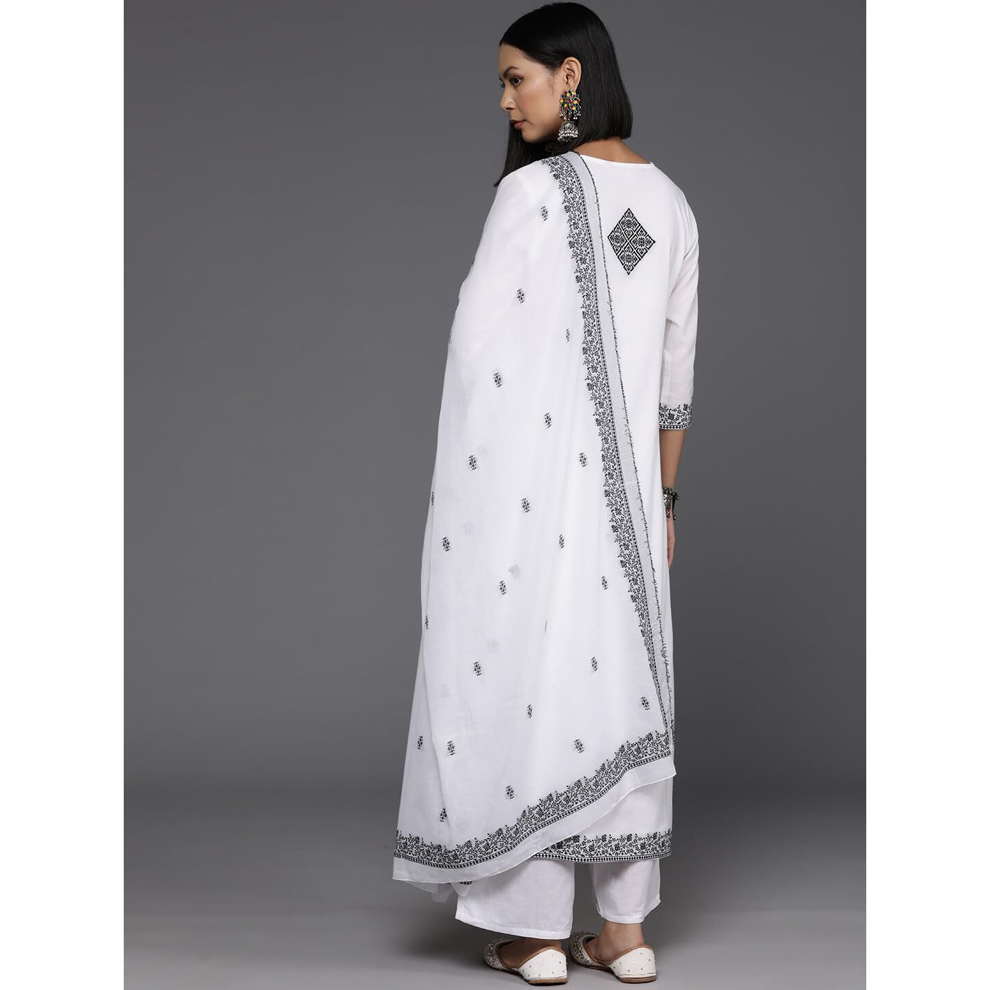 Varanga Women White & Black Woven Design Straight Kurta Paired With Tonal Bottom And Dupatta