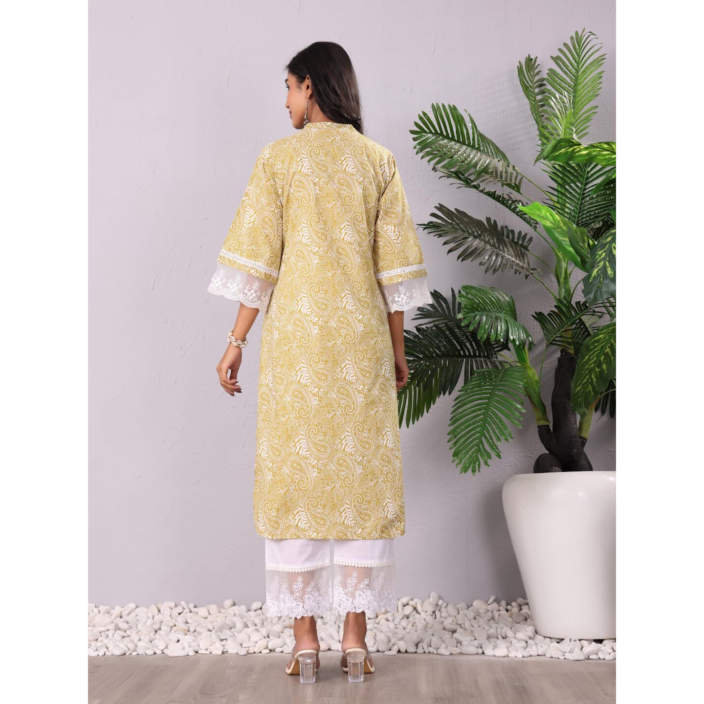 Varanga Women Paisley Printed Kurta With Lace Detailing And Flared Sleeves  A Stylish And Comfortable Outfit Green