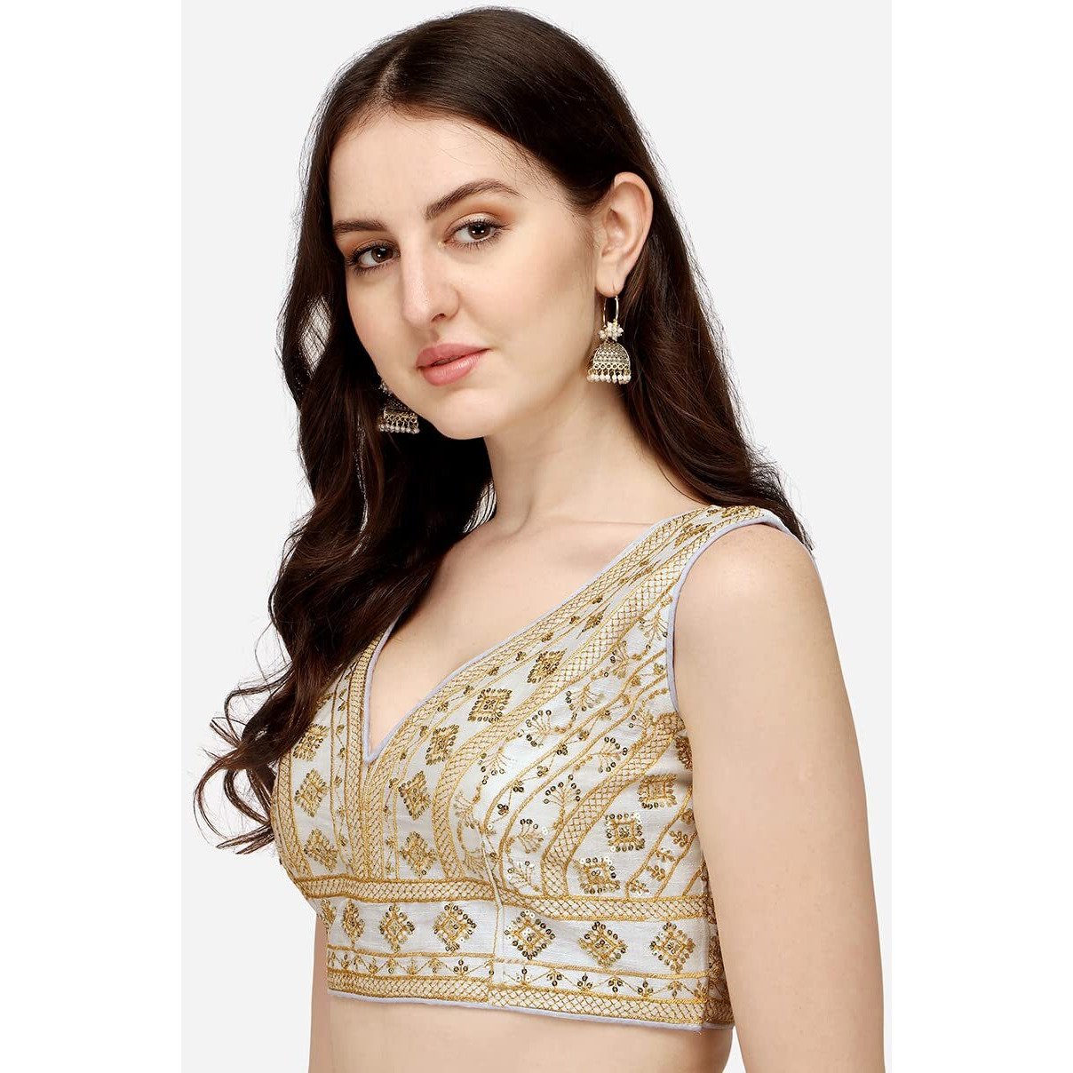Vihu Fashion Women's Silk Embroidery Sequins Zari Work Readymade Saree Blouse