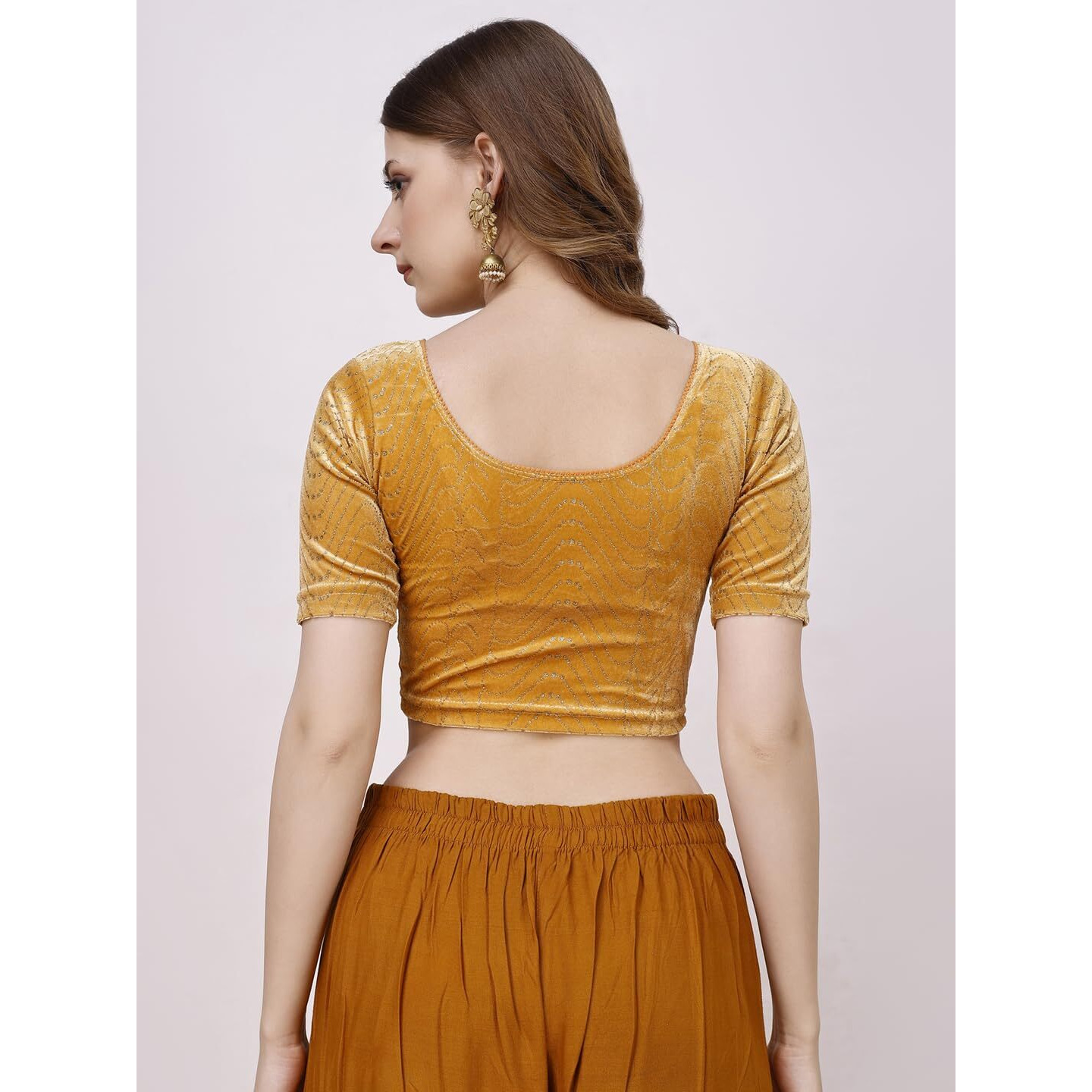 Vihu Fashion Women's Readymade Hosiery Velvet Lycra Stretchable Round Neck Half Sleeve Blouse With Jari Work Fancy Gold Color Lycra Stretchable Blouse For Women Readymade Saree Blouse