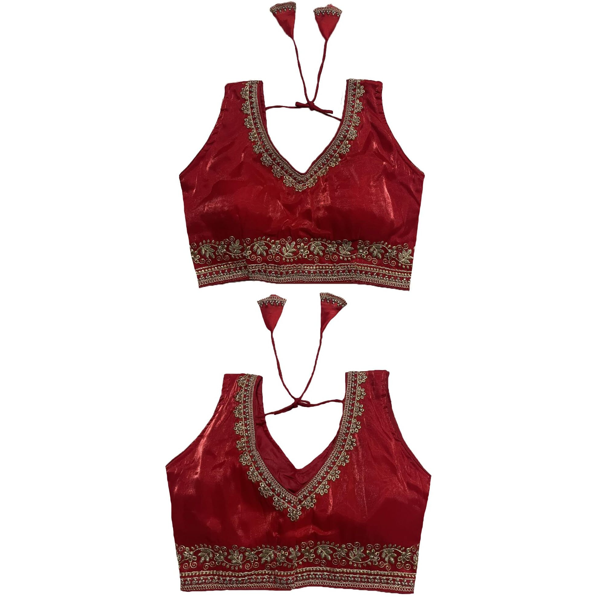 Vihu Fashion Women's Readymade Sleeveless Blouseindian Ethnic Designer Blouse Jimmy Choo Fabric Embroidered V Neck Blouse Back Hook Open Saree Fancy Blouse (Red, 34)