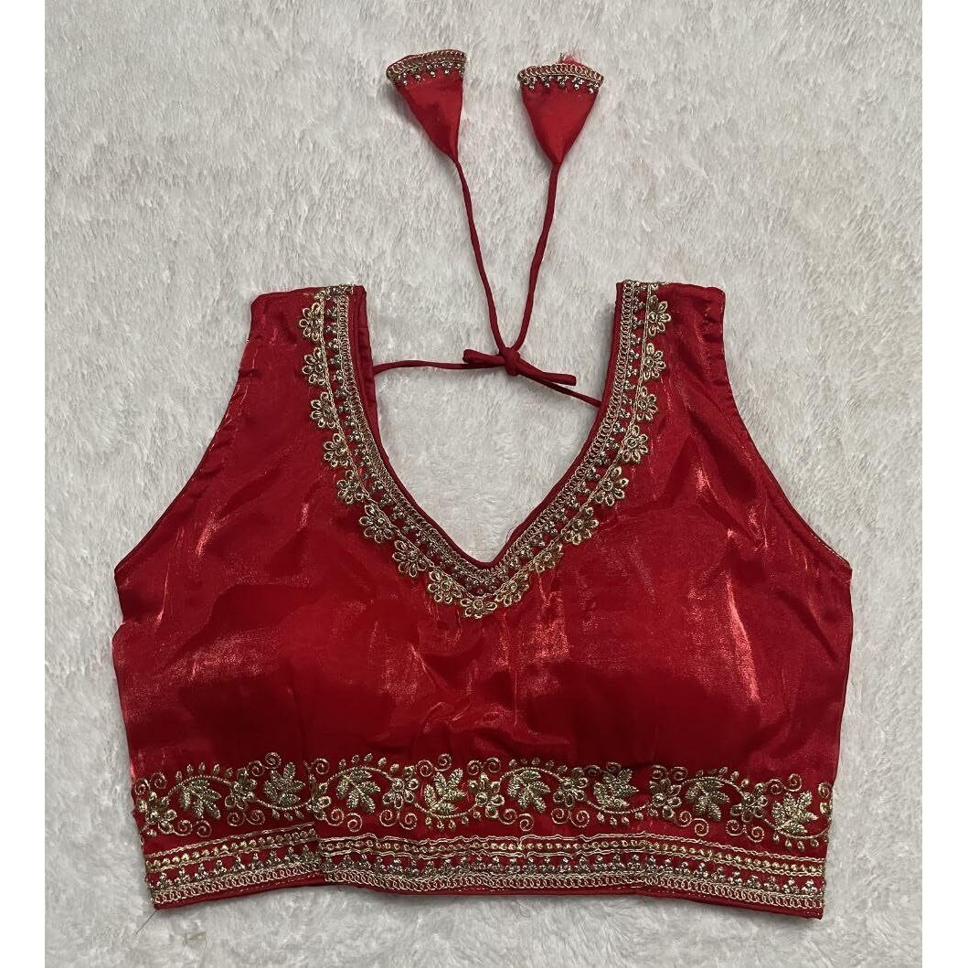 Vihu Fashion Women's Readymade Sleeveless Blouseindian Ethnic Designer Blouse Jimmy Choo Fabric Embroidered V Neck Blouse Back Hook Open Saree Fancy Blouse (Red, 34)