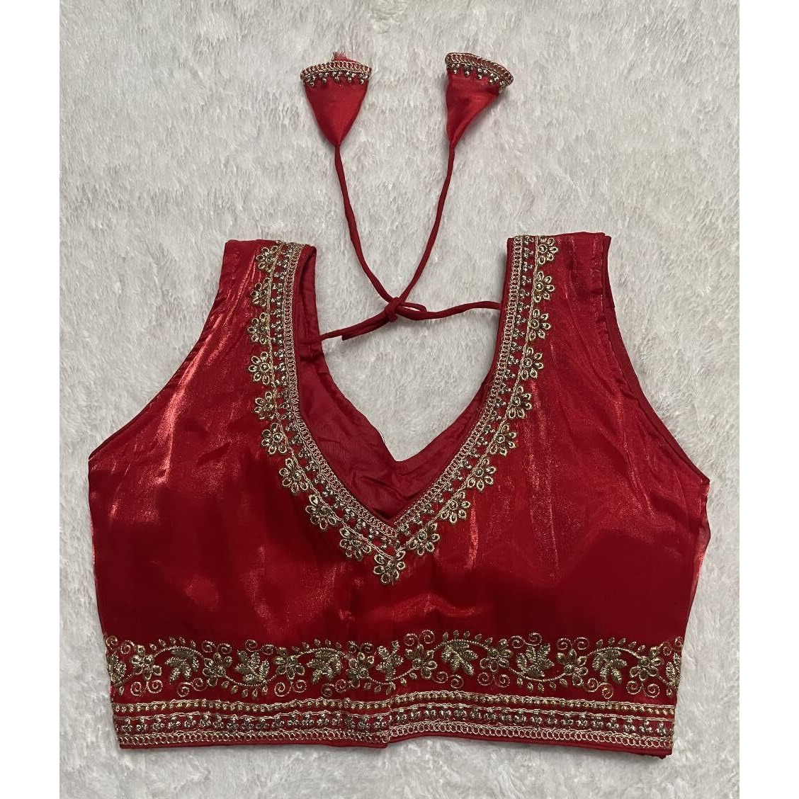 Vihu Fashion Women's Readymade Sleeveless Blouseindian Ethnic Designer Blouse Jimmy Choo Fabric Embroidered V Neck Blouse Back Hook Open Saree Fancy Blouse (Red, 34)