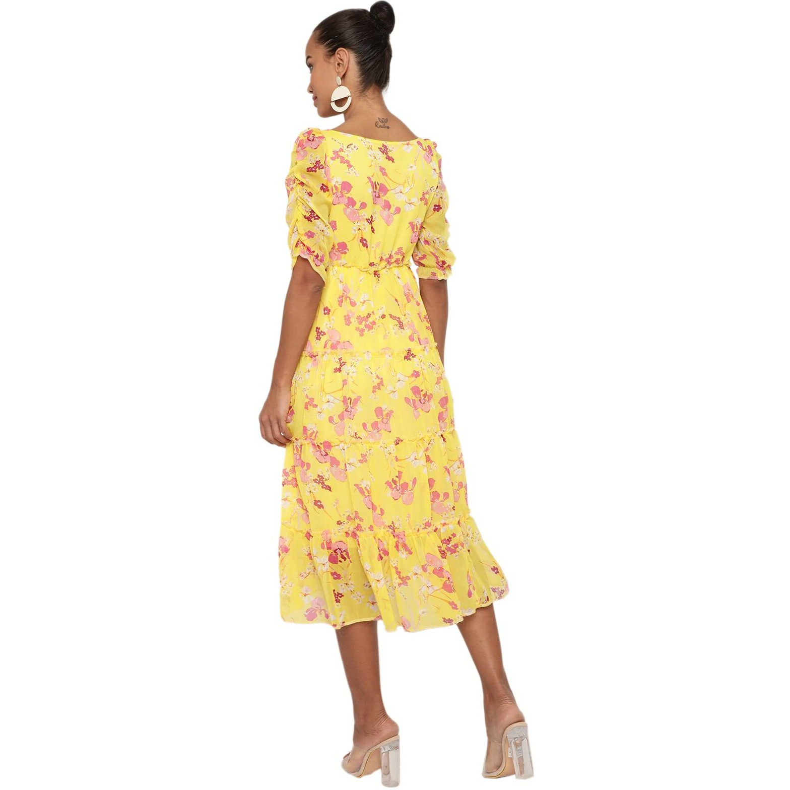 Shasmi Women's Yellow Chiffon Solid Floral Sweetheart Neck A-Line Dress For Women (Dress 60 Yellow M)