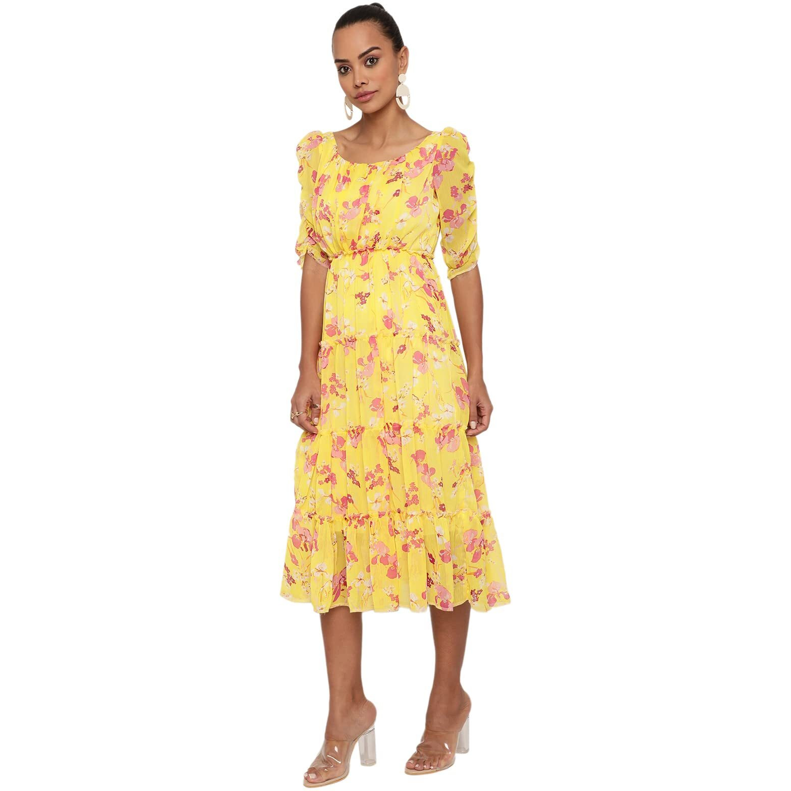 Shasmi Women's Yellow Chiffon Solid Floral Sweetheart Neck A-Line Dress For Women (Dress 60 Yellow M)
