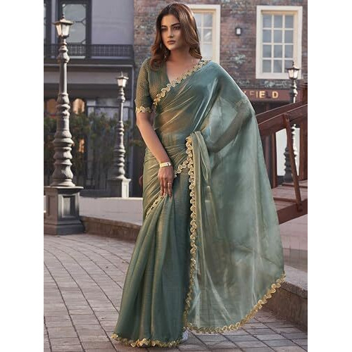 Womanista Women's Two Toned Jimmy Choo Saree With Brocade Blouse And Embroidered Lace(Ti6867_Olive Green_Onesize)