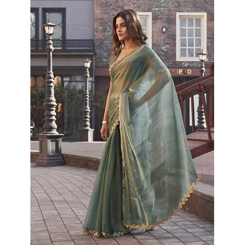 Womanista Women's Two Toned Jimmy Choo Saree With Brocade Blouse And Embroidered Lace(Ti6867_Olive Green_Onesize)