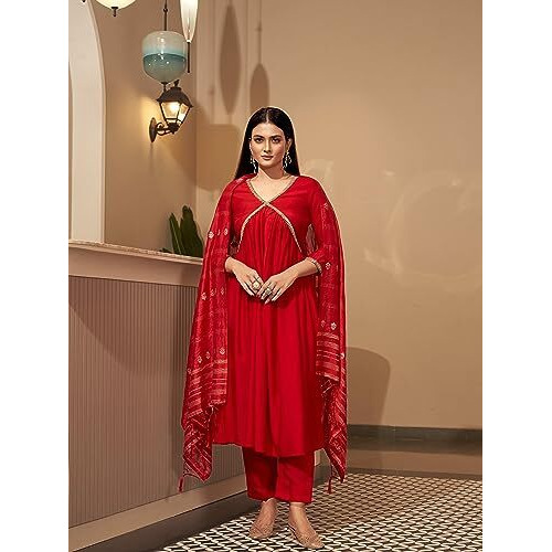 Womanista Women's Silk Blend Kurta Set (Kurtaset_1184_Red_M)