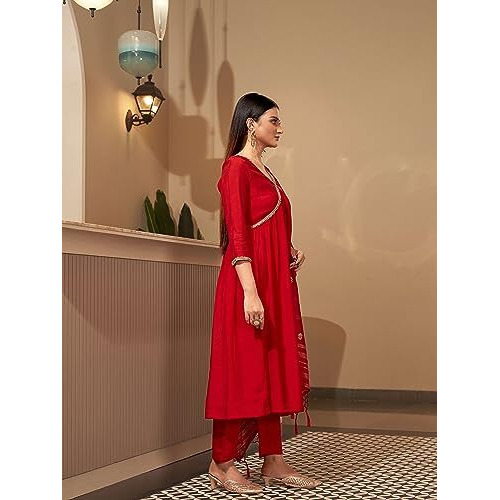 Womanista Women's Silk Blend Kurta Set (Kurtaset_1184_Red_M)