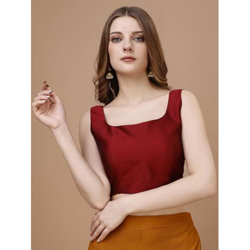 Womanista Women's Taffeta Solid Sleeveless Regular Fit Sequinned Blouse (Bl_44_Red M)