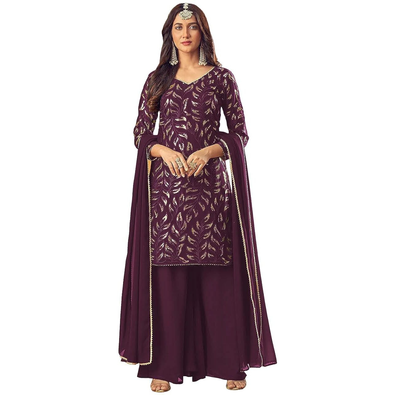 Xomantic Fashion Womens Embroidered Readymade Salwar Suit With Dupatta Set(X-Large, Wine)