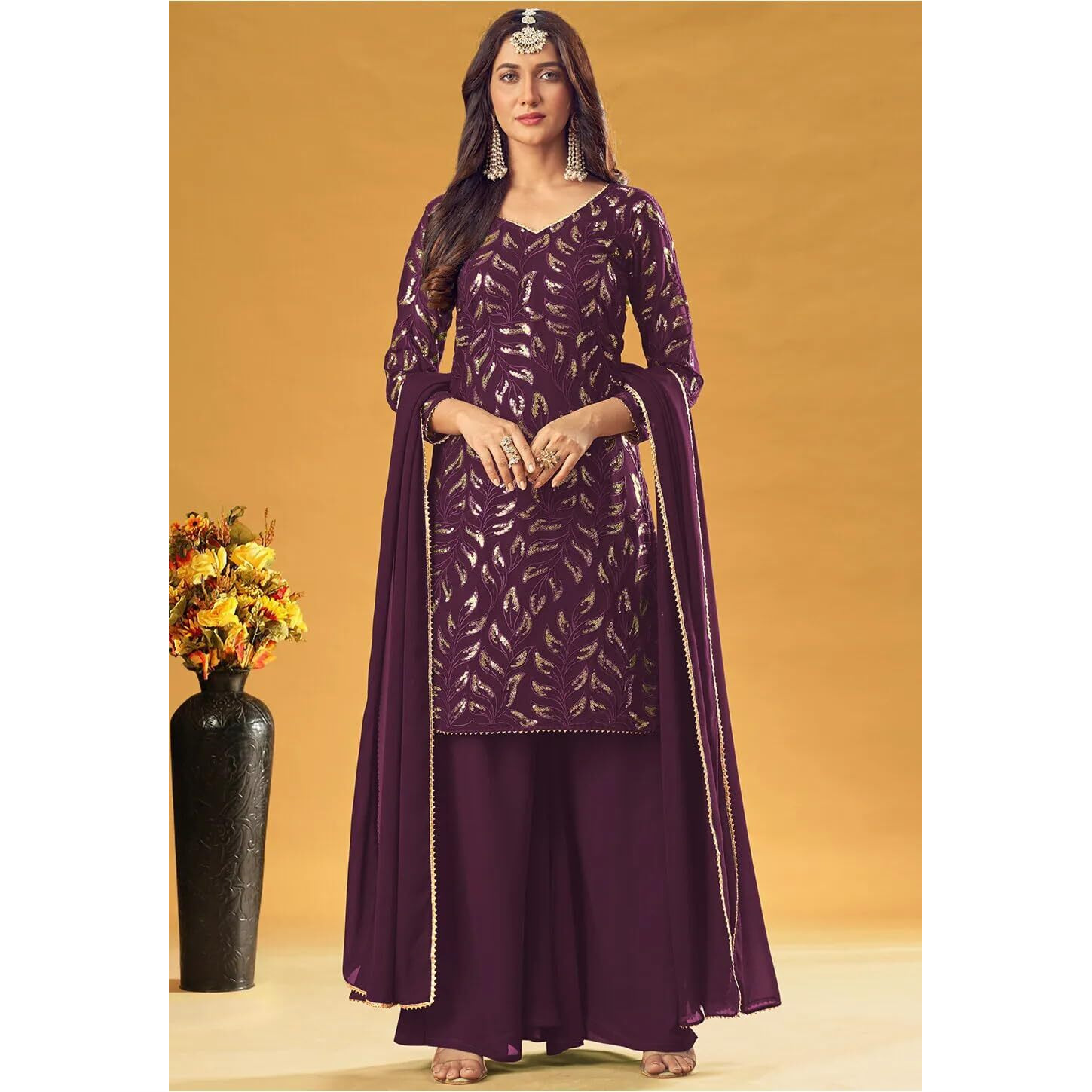 Xomantic Fashion Womens Embroidered Readymade Salwar Suit With Dupatta Set(X-Large, Wine)