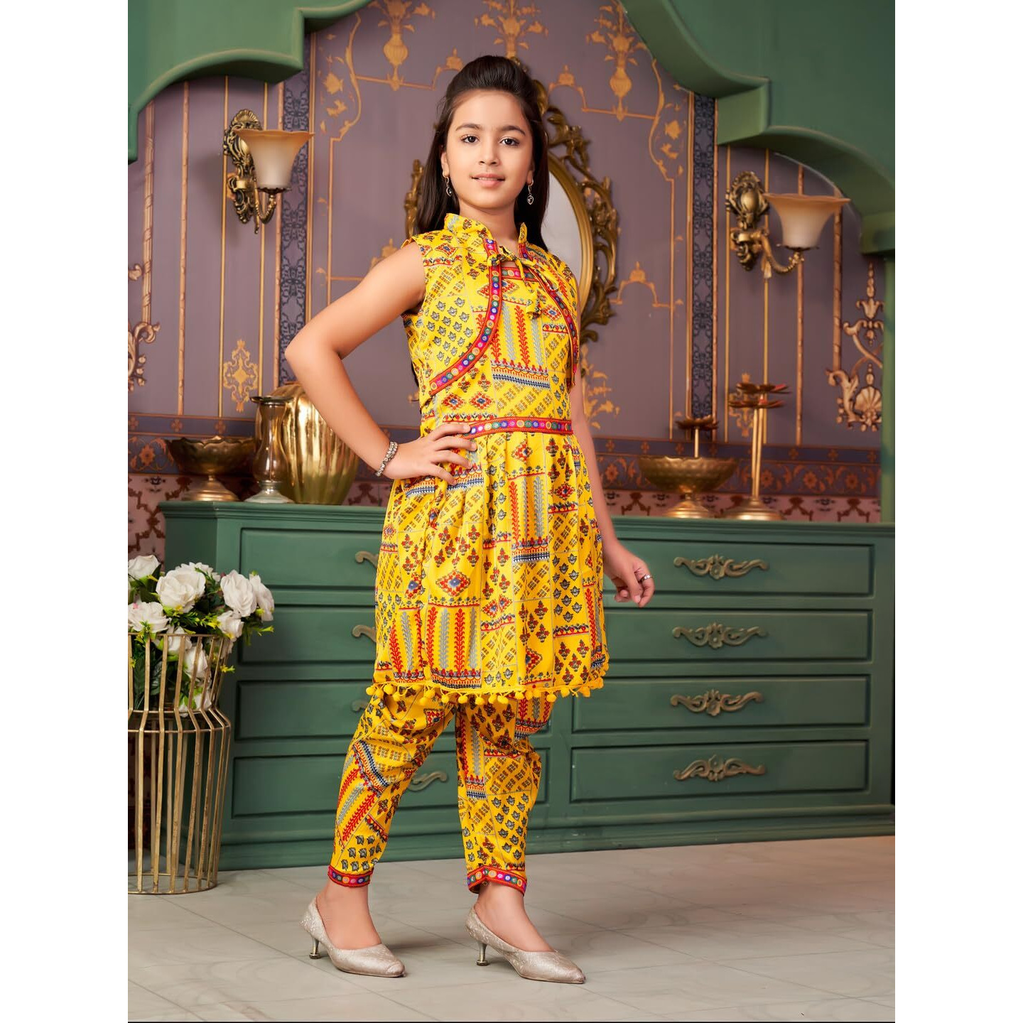 Aarika Girls Ethnic Wear Yellow Colour Abstract Print Crepe Kurti Patiala Set With Jacket (4-13 Years)
