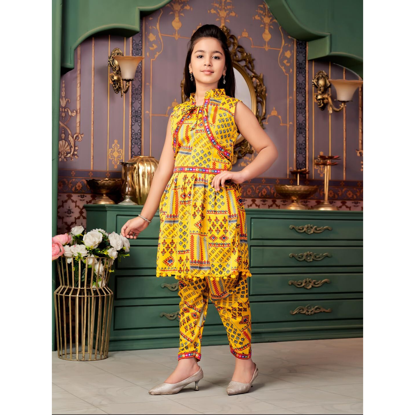 Aarika Girls Ethnic Wear Yellow Colour Abstract Print Crepe Kurti Patiala Set With Jacket (4-13 Years)