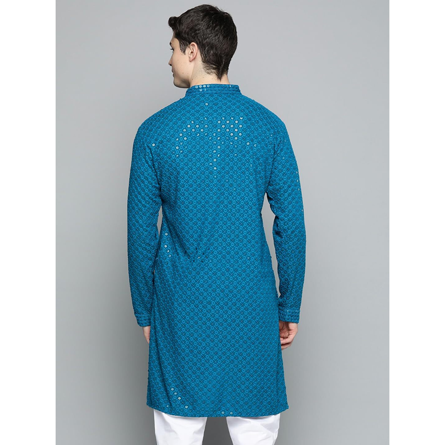 Jompers Mens Peacock Chikankari Embroidered And Sequence Kurtas (Peacock, L)