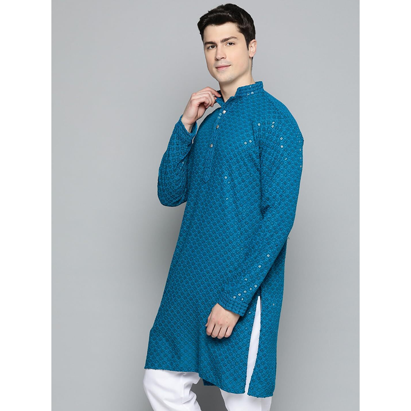 Jompers Mens Peacock Chikankari Embroidered And Sequence Kurtas (Peacock, L)