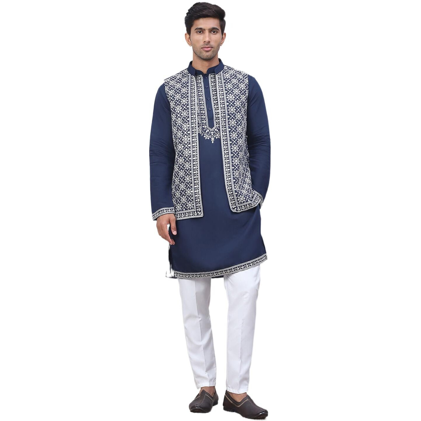 Jompers Navy Men's Embroidered Waistcoat And Kurta Pyjama. (Navy, M)