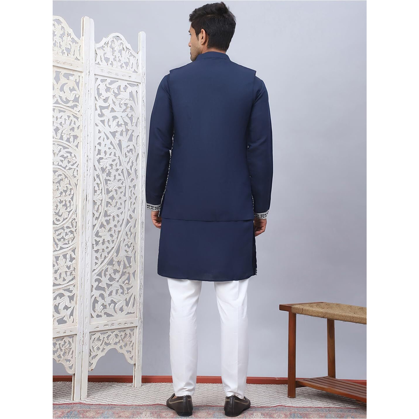 Jompers Navy Men's Embroidered Waistcoat And Kurta Pyjama. (Navy, M)