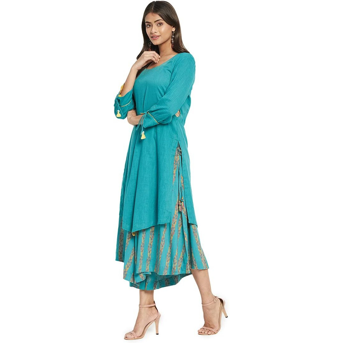 Fabindia Women's Cotton Solids Regular Kurta (210648501_Turquoise