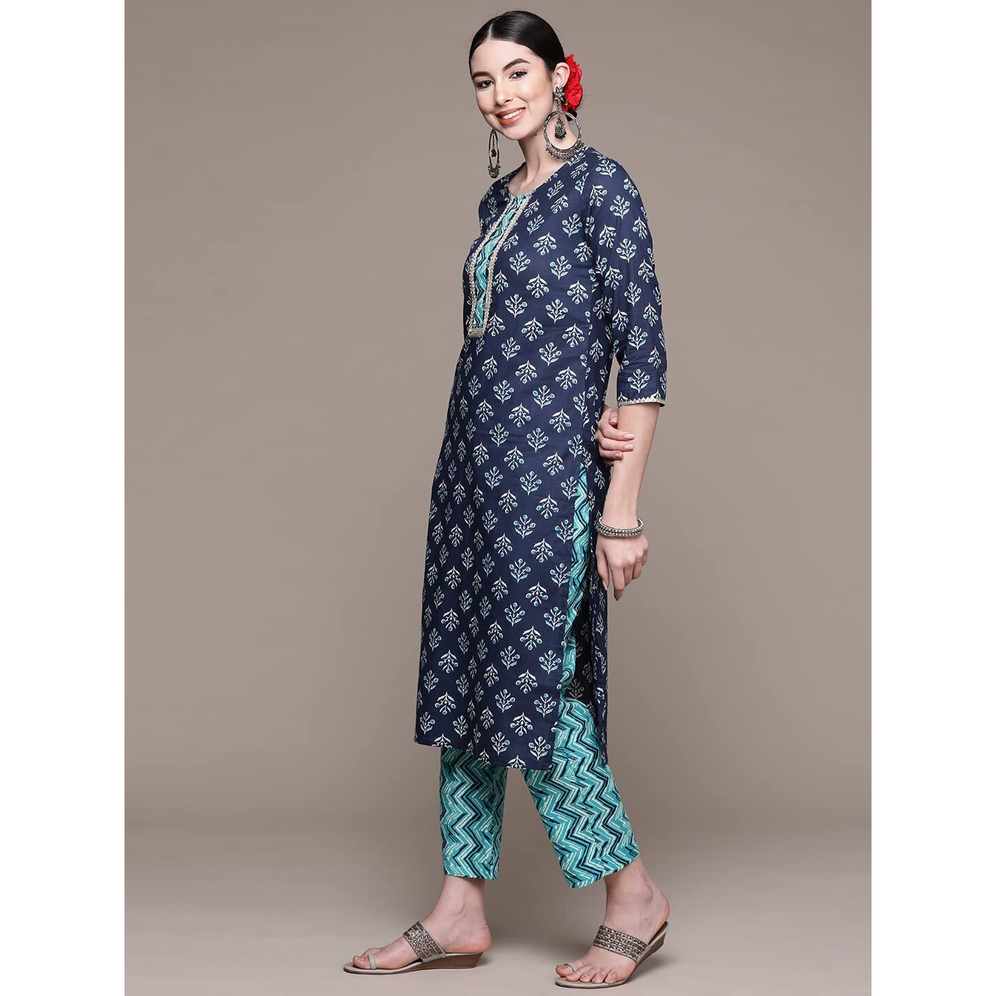 Anubhutee Women's Cotton Blue Gota Patti Work Ethnic Motifs Printed Straight Kurta Suit Set With Pants